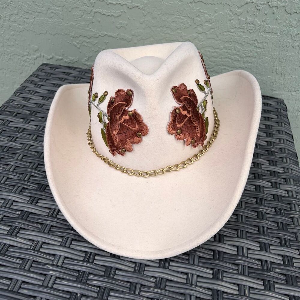 Scala Western Cowboy Hat Ivory Floral Embroidery Gold Chain Unisex
